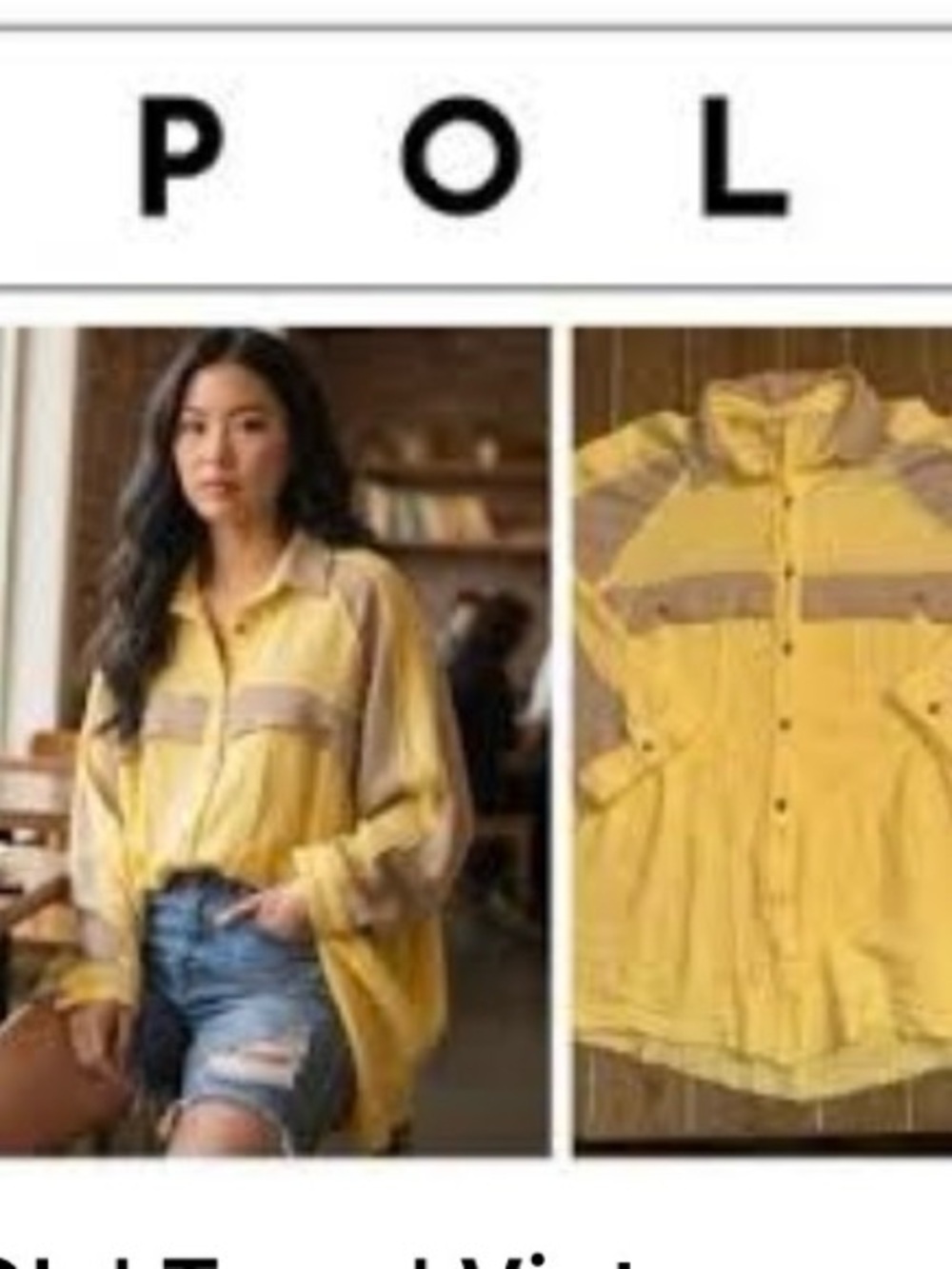 POL Soft Yellow Button-Up Shirt with Tan Waffle Trim